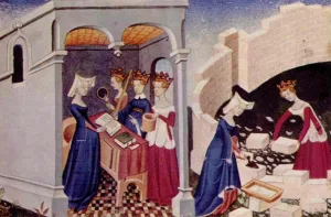 illustration of Reason, Rectitude, and Justice with Christine de Pisan as narrator in The Book of the City of Ladies
