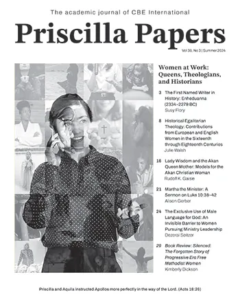 Cover of the Summer 2024 Issue of Priscilla Papers and the title "Women at Work: Queens, Theologians, and Historians".