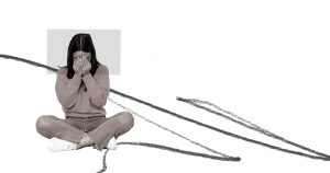 Photo illustration of a woman in distress with pencil sketch lines.