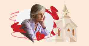 Photo collage of a troubled woman in a talk bubble and a church.