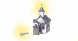 Photo collage of a church wrapped with a chain and locked and a glowing key next to it.