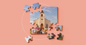 Image of a puzzle almost put together. The puzzle is a photo of people in front of a church.