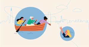 Illustration of three women on a boat. The woman in the front of the boat is reaching forward to help a woman who is drowning in the water.