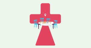 Illustration of a red medic cross. The bottom leg extends out like a carpet. There is a set table at the center.